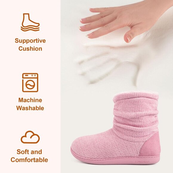 Women's Light Pink Winter Warm Non Slip Knit Memory Foam Slipper Bootie Shoes - Picture 4 of 6